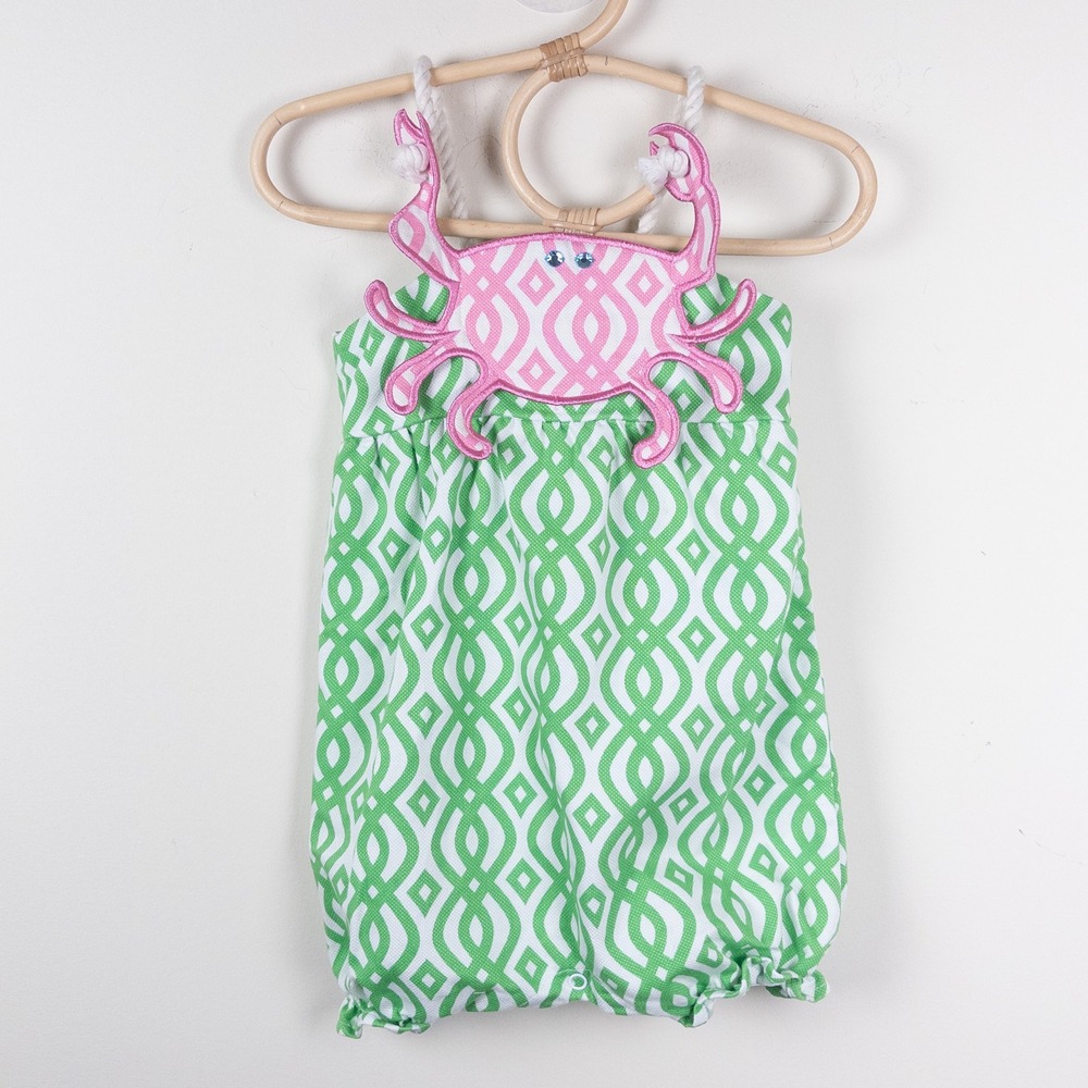 Mud Pie Crab Bubble Romper Baby 12-18M Green Pink Geometric Applique Sunsuit